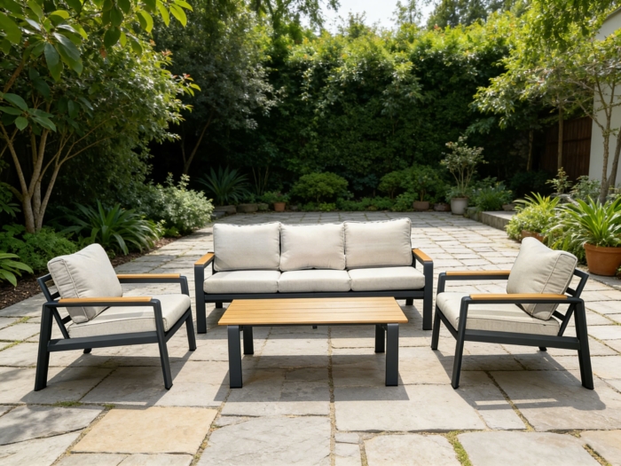 Salon de jardin en aluminium traité époxy anthracite avec coussins beige, idéal pour espaces extérieurs modernes et confortables.