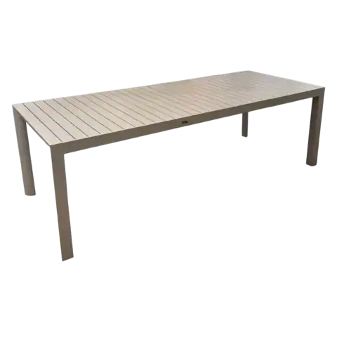 Balcon ou jardin : table extensible OLBA en aluminium beige, idéale pour repas en extérieur, pouvant accueillir jusqu'à 12 personnes. Facile à ajuster selon vos besoins.