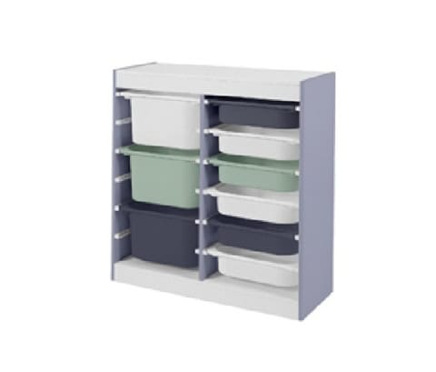 Un meuble de rangement avec plusieurs bacs plastiques pour organiser facilement les espaces. Parfait pour une organisation optimisée du domicile ou du bureau.