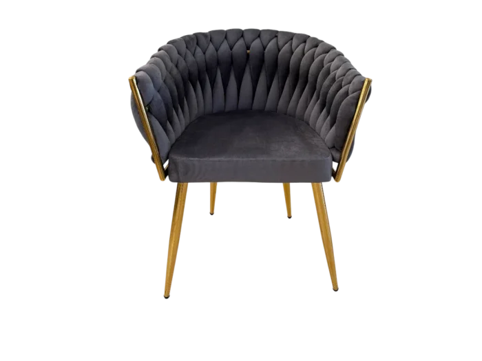 Fauteuil en velours gris avec design élégant et pieds dorés, parfait pour un salon moderne ou un espace de détente sophistiqué.