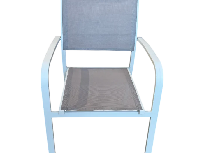 Fauteuil de repas extérieur Josephine en aluminium blanc avec toile grise, idéal pour un mobilier de jardin élégant et confortable. Parfait pour profiter des repas en plein air.