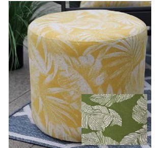 Pouf jaune avec motif tropical, décoration intérieure moderne et élégante pour un style estival. Parfait pour salon ou chambre, ajoutant confort et fraîcheur à votre espace.
