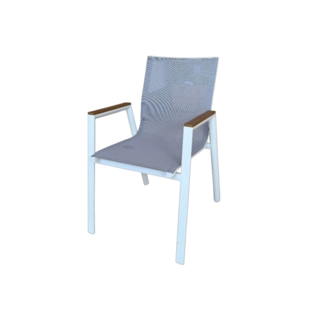 Fauteuil de repas en aluminium blanc avec assise et dossier en tissu sling gris, idéal pour une terrasse ou un espace extérieur moderne et confortable.