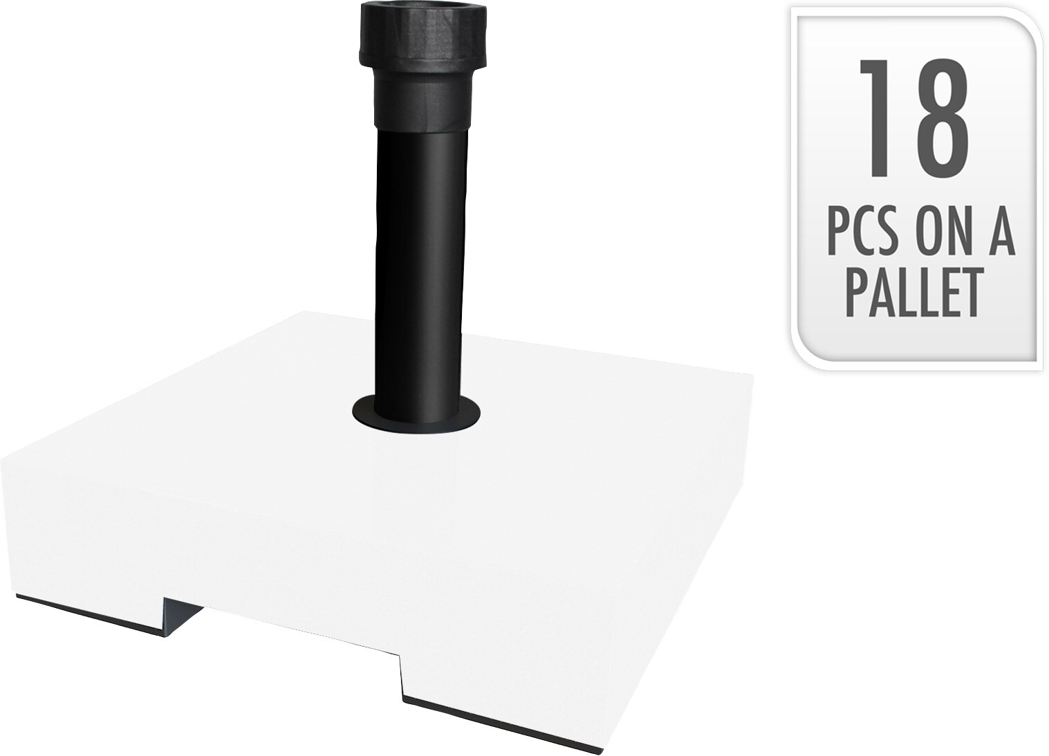 Base parasol carrée en plastique blanc avec tube de serrage robuste, idéal pour stabiliser les parasols lourds. Poids de 30 kg, compatible avec plusieurs supports, parfait pour l’extérieur.