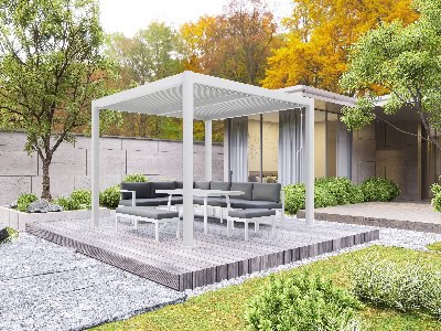Balcon moderne avec pergola et mobilier confortable, parfait pour se détendre dans un espace extérieur apaisant.