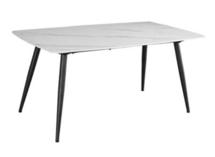 Une table moderne en bois blanc avec pieds noirs, idéale pour une décoration intérieure chic et contemporaine dans un salon ou une salle à manger.