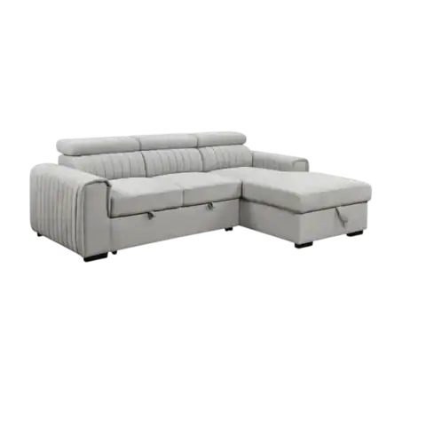 Manosque canapé d'angle droit convertible avec coffre, tissu gris clair, design moderne et pratique, idéal pour salon contemporain.