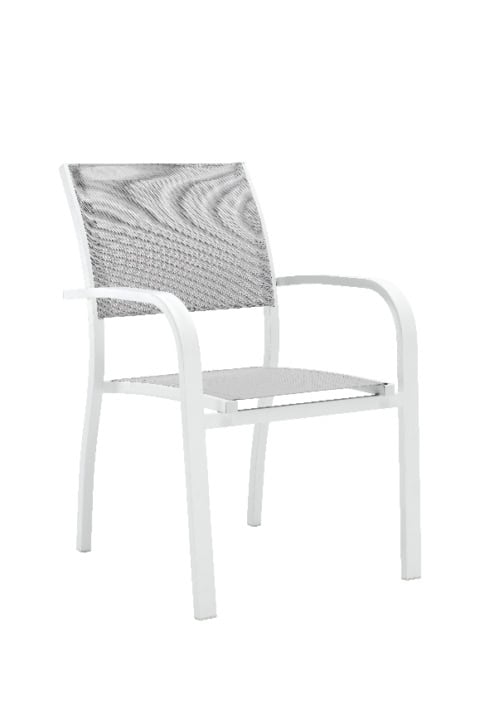 Chaise de jardin blanche en métal avec dossier en résille pour un confort optimal, parfaite pour les espaces extérieurs lors des weekends en famille ou entre amis.