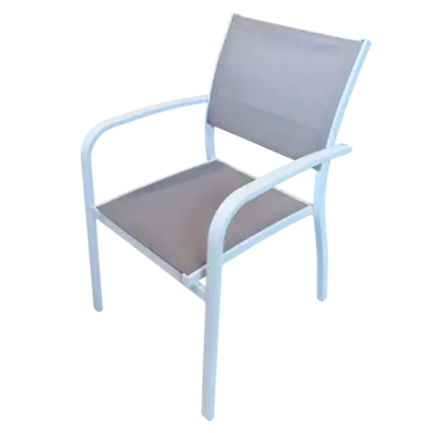 Balcon ou terrasse : fauteuil repas extérieur Josephine en aluminium blanc avec toile grise, idéal pour un espace de repas confortable et élégant en plein air.