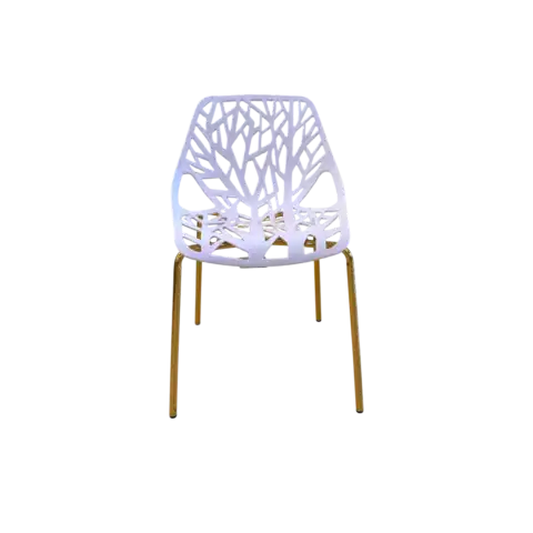 Chaise design blanche LUKAS avec structure en plastique inspirée de branches d'arbre, pieds en bois naturel, idéale pour une décoration moderne et épurée.