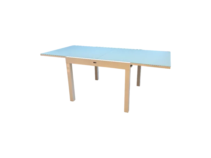 Table repas extérieur extensible en aluminium traité époxy blanc avec plateau en verre trempé gris, idéale pour repas en plein air et convivialité.