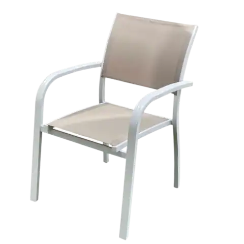 Fauteuil de repas extérieur en aluminium blanc avec toile taupe, idéal pour un mobilier de jardin élégant et durable. Parfait pour profiter de repas en plein air avec style et confort.