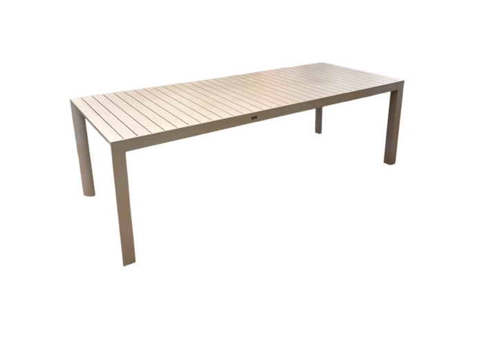 Table extensible en aluminium avec finition époxy ivoire, idéale pour repas en famille ou entre amis, offrant une grande surface modulable.