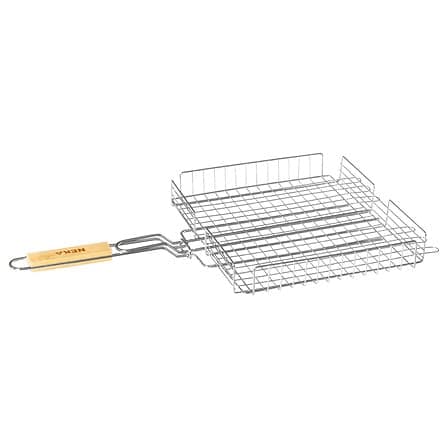 Grille de cuisson en métal avec manche en bois, idéale pour barbecue, grillades et cuisson de viande ou légumes en weekend, qualité durable et pratique pour cuisiner en plein air.