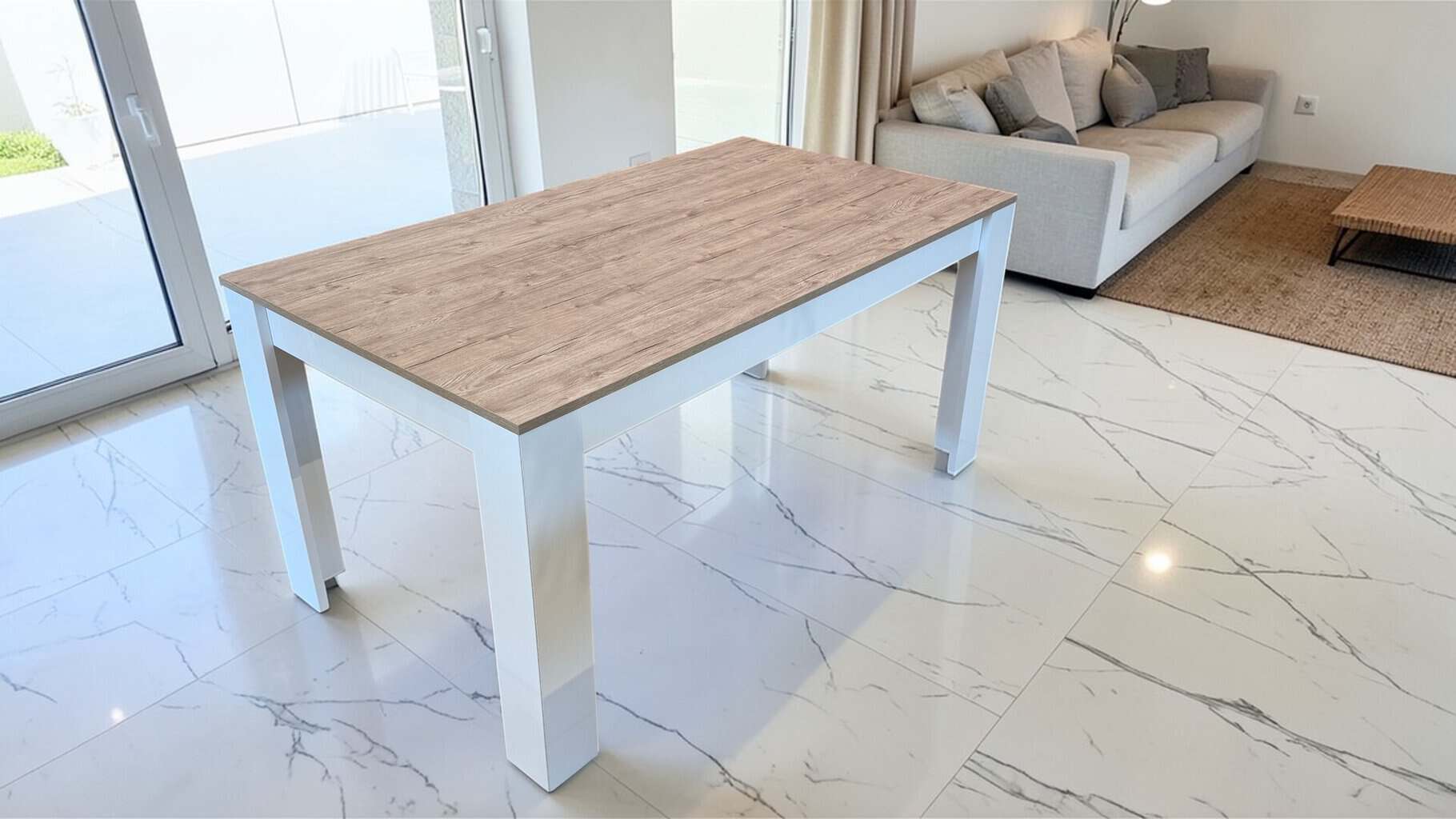Table rectangulaire blanche avec plateau en bois décoratif, idéale pour salle à manger moderne, 160 cm de longueur, design épuré et élégant.
