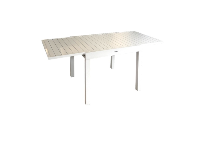 Table extensible pour extérieur en aluminium époxy ivoire, idéale pour repas en famille ou entre amis, avec une extension L90/180x90 cm pour plus de convivialité.