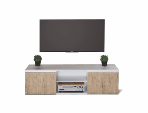 Meuble TV blanc avec éclairage LED et finition bois naturel, idéal pour un salon moderne et élégant. Parfait pour mettre en valeur votre télévision et vos appareils multimédia.