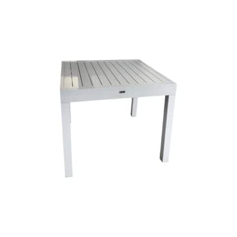 Table de repas extensible en aluminium époxy ivoire, idéale pour l'extérieur, avec une surface modulable de 90 à 180 cm pour accueillir famille et amis.