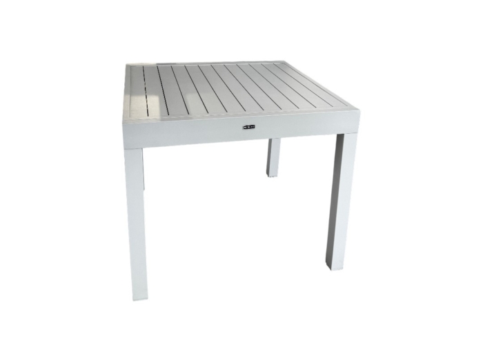 Table de repas extensible en aluminium époxy ivoire, idéale pour l'extérieur, avec une surface modulable de 90 à 180 cm pour accueillir famille et amis.