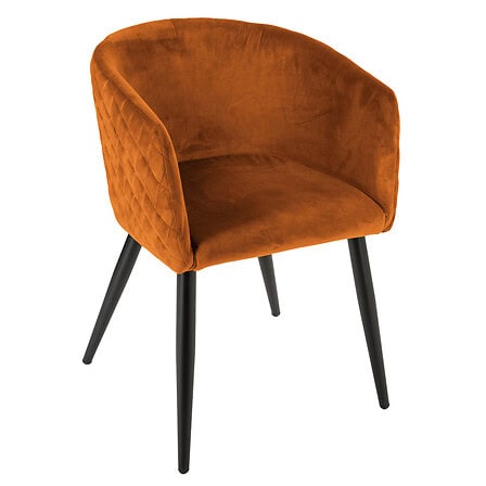 Fauteuil en velours orange avec pied en bois noir, design moderne et élégant, idéal pour donner du style à votre intérieur.