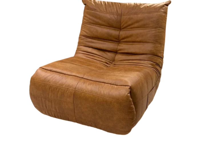 Fauteuil tournant relax en tissu avec finition effet cuir marron, idéal pour un espace détente élégant et confortable. Parfait pour un salon moderne ou un coin lecture cosy.