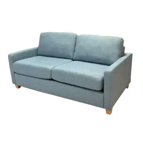 Canapé convertible 2 places en tissu bleu, avec matelas intégré, idéal pour un salon moderne et pratique. Facile à transformer en lit pour accueillir des invités.