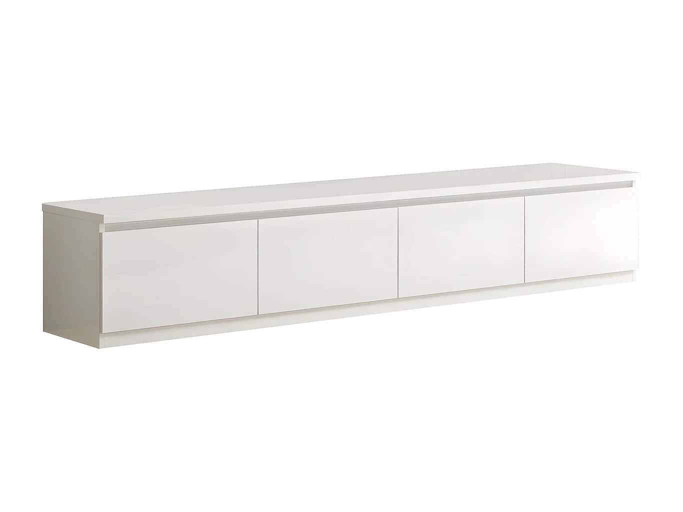 Meuble TV bas blanc brillant SANDRIO de 220 cm avec rangements fermés, idéal pour un salon moderne et épuré. Parfait pour organiser votre espace de divertissement avec style.