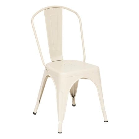 Chaise en métal blanche au style vintage pour décoration intérieure moderne ou rétro, idéale pour restaurant, café ou salle à manger.