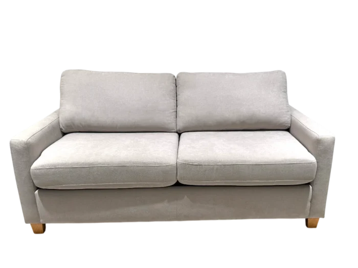 Canapé convertible 2 places en tissu beige avec matelas intégré, idéal pour un salon moderne et pratique. Facile à transformer en lit pour accueillir vos invités confortablement.