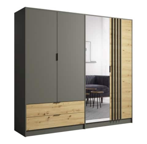 Armoire moderne avec porte miroir et accents en bois naturel pour une décoration intérieure élégante et fonctionnelle.