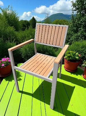 Chaise en bois et métal pour extérieur, idéale pour détente et relaxation dans un espace vert. Design épuré, résistante aux intempéries, parfaite pour votre balcon ou terrasse.