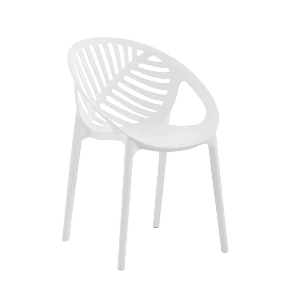 Balcon ou jardin : chaise design blanche LEAF avec dossier feuille ajouré en plastique durable. Parfaite pour une décoration moderne et élégante en extérieur ou intérieur.