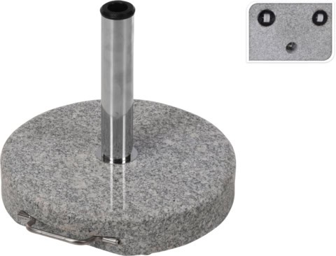 Support pour parasol en granite, avec fixation métallique solide et trou d'ancrage pour fixation sûre, idéal pour délimiter l'espace extérieur avec style et stabilité.
