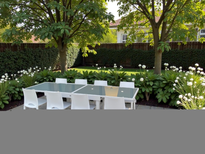 Table repas extensible en aluminium blanc avec plateau en verre gris, idéale pour repas en plein air ou événements familiaux.