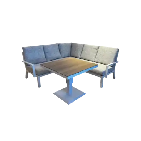 Ensemble de salon de jardin MEXICA avec structure en aluminium blanc, coussins confortables et table en bois, idéal pour un espace extérieur élégant et pratique.