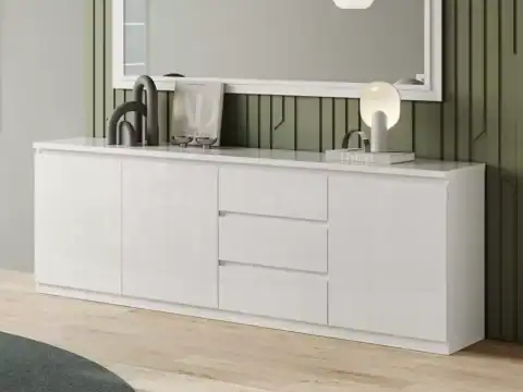Buffet dressoir SANDRIO blanc laqué, 3 portes et 3 tiroirs, design contemporain, idéal pour un salon ou une salle à manger élégante.
