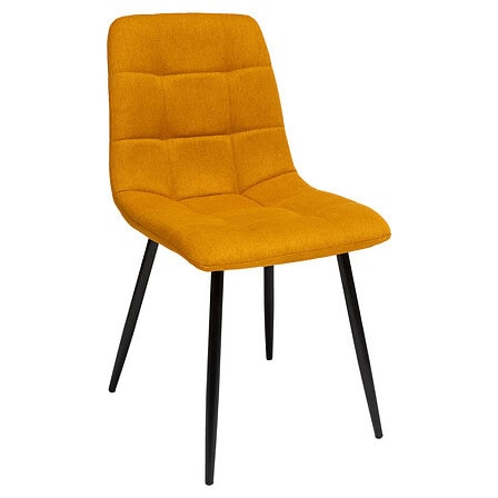 Chaise de salle à manger jaune moutarde, rembourrée avec dossier confortable, style contemporain et pieds noirs en métal solide, idéal pour la décoration intérieure.
