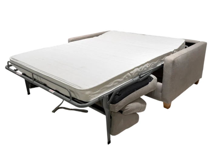 Canapé convertible 2 places en tissu beige avec matelas intégré, idéal pour optimiser l'espace et accueillir des invités. Facile à transformer, parfait pour un salon moderne et pratique.