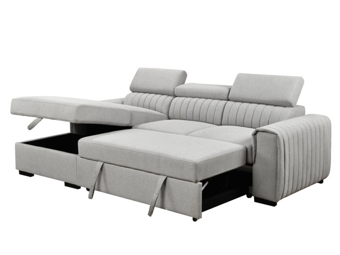 Canapé d'angle gauche Manosque convertible avec coffre, tissu gris clair, design moderne et pratique, idéal pour salon contemporain.