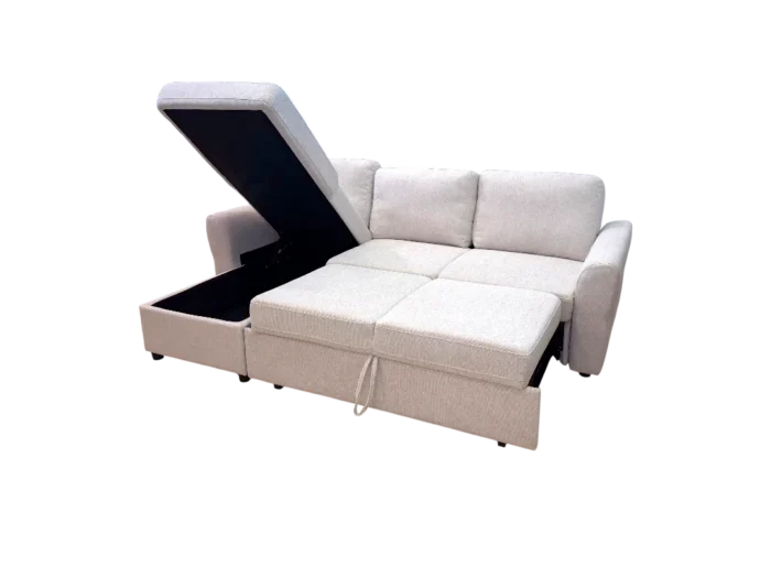 Canapé d'angle réversible avec coffre, 4 places, convertible, tissu beige, design moderne, pratique et confortable pour salon.