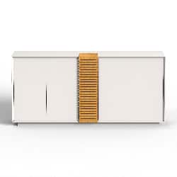 Chaise de buffet moderne en blanc avec détail en bois naturel, design épuré, mobilier de salon élégant, décoration intérieure tendance, style scandinave.