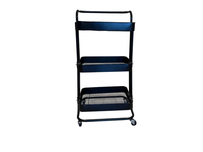 Desserte en métal noir à 3 niveaux avec roulettes, idéale pour organiser votre espace de cuisine ou de bureau. Facile à déplacer, robuste et pratique pour un usage quotidien.