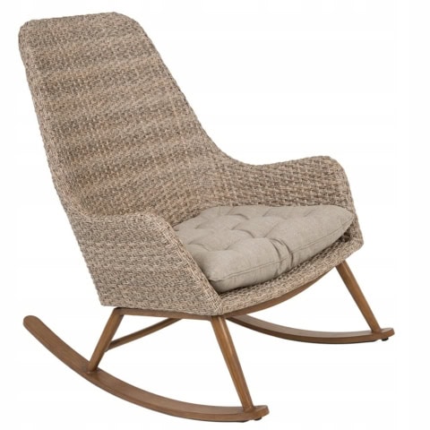 Fauteuil à bascule en résine tressée taupe avec coussin confortable, idéal pour un espace extérieur ou intérieur relaxant. Design moderne et matériaux durables pour un confort optimal.