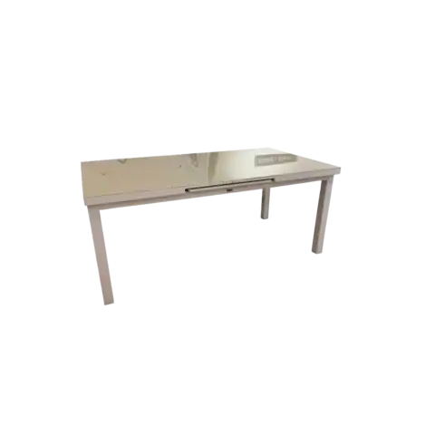 Table repas extensible Milano en aluminium blanc avec plateau en verre cappuccino, offrant une solution élégante et pratique pour les repas en famille ou entre amis.
