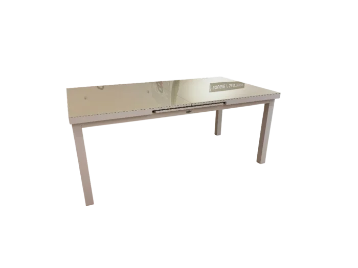 Table repas extensible Milano en aluminium blanc avec plateau en verre cappuccino, offrant une solution élégante et pratique pour les repas en famille ou entre amis.