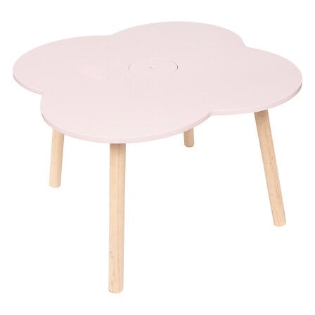 Table d'appoint pour salon ou chambre d’enfant, en bois et rose pastel, idéale pour un espace de jeu ou de détente avec un style moderne et ludique.