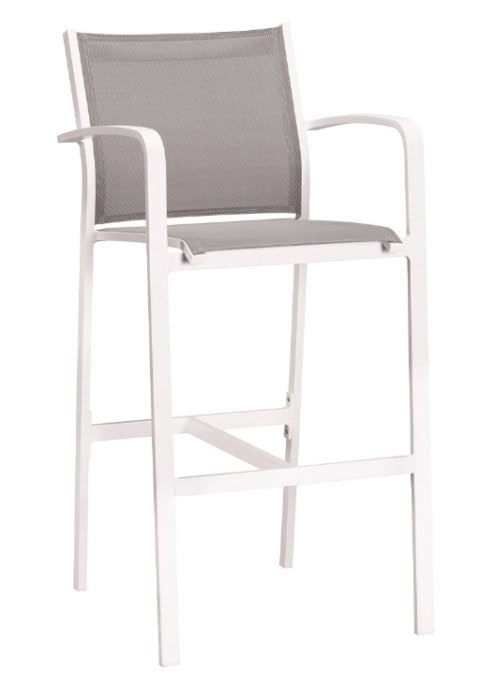 Chaise de bar design blanche avec assise et dossier en tissu gris, idéale pour un intérieur moderne ou un espace extérieur. Parfaite pour l’été et les repas en terrasse.
