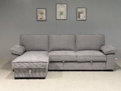 Canapé d'angle gris clair moderne pour salon confortable, avec coussins pliables et repose-pieds. Idéal pour un intérieur cosy et tendance, parfait pour recevoir ou se détendre en famille.
