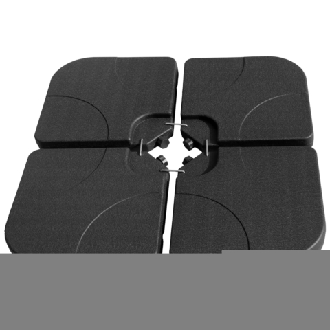 Quatre dalles pour pied de parasol 50x50cm en plastique noir, conçues pour stabiliser votre parasol avec un remplissage en sable ou eau, dimensions 50x50x7,5cm.