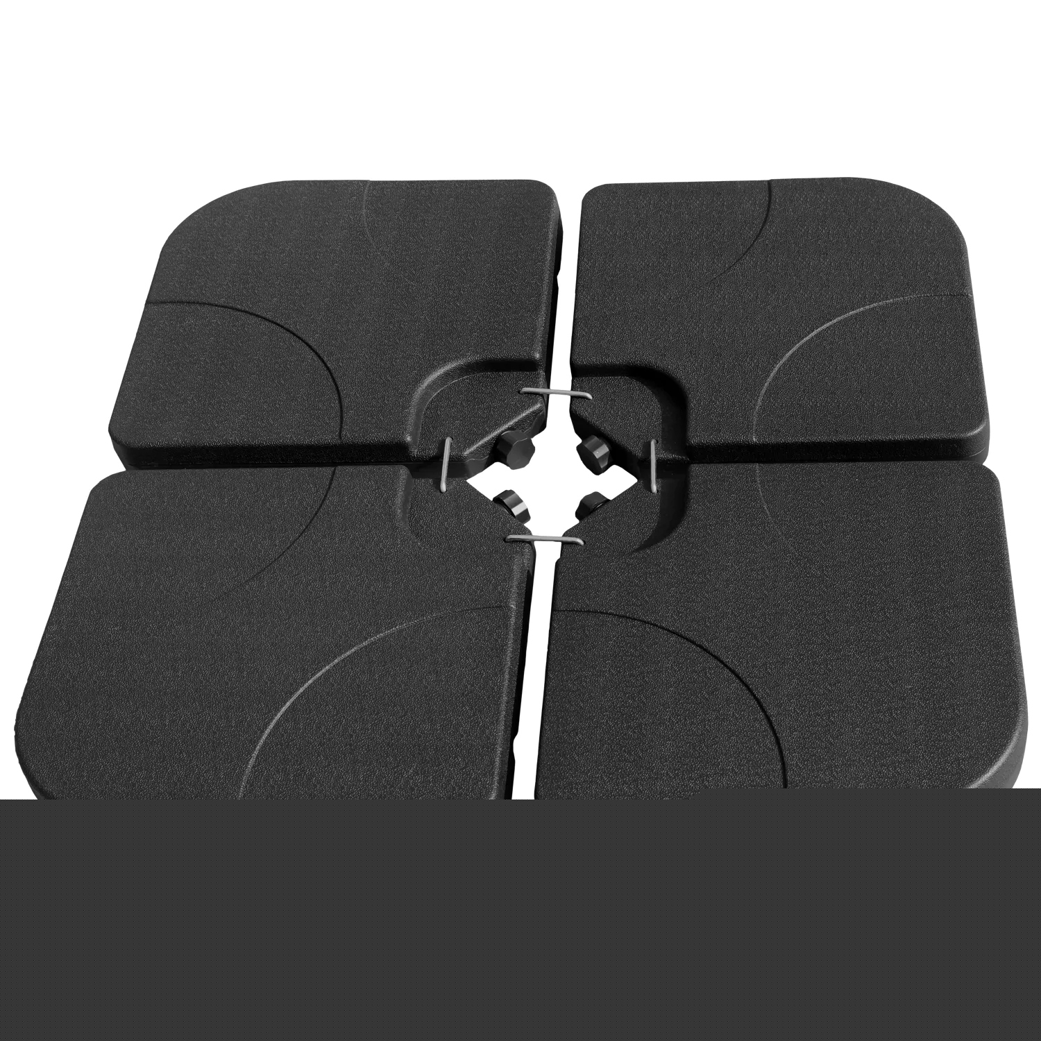 Dalles pour pied de parasol en plastique résistant, dimensions 50x50x7,5cm, remplissables avec du sable ou de l'eau, capacité 60L à 80L, idéal pour stabiliser votre parasol en extérieur.